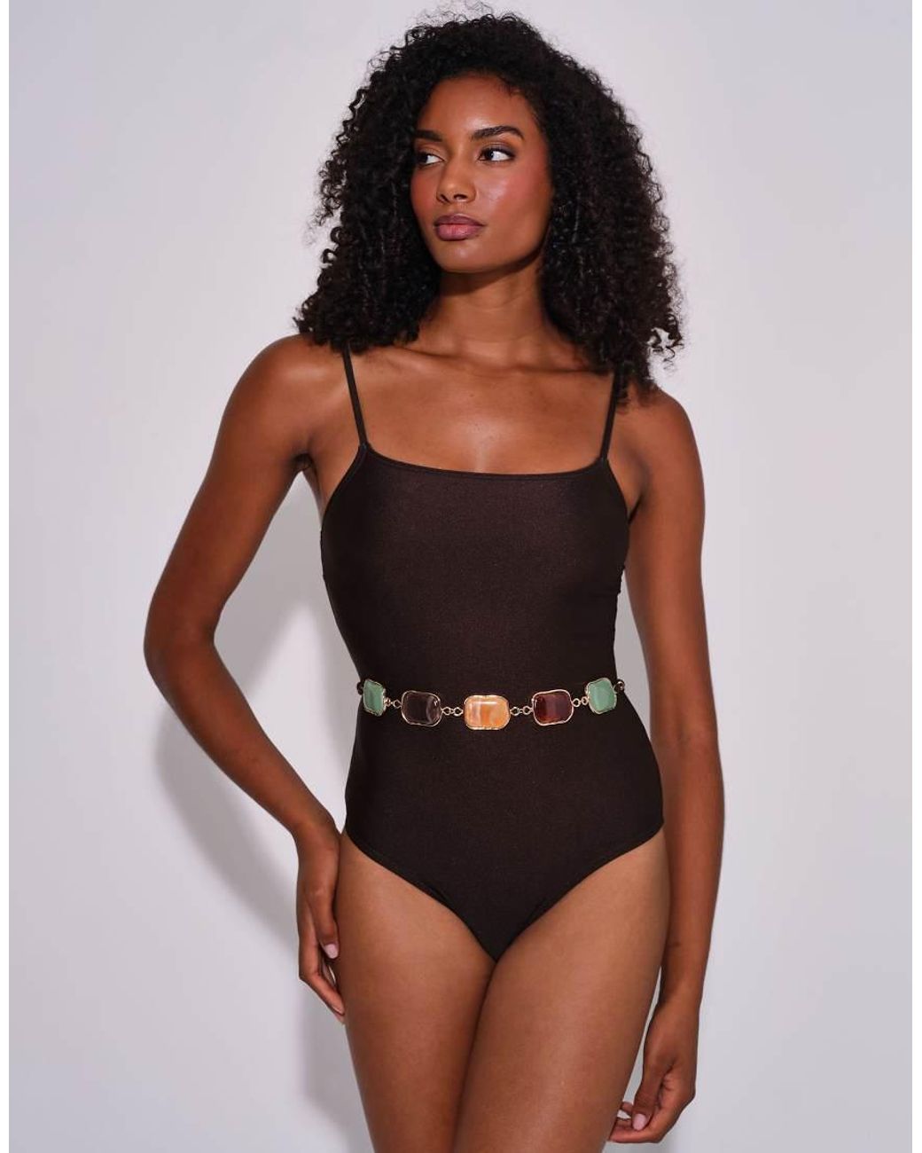 South Beach Brown Stone Belt Detail Scoop Back Swimsuit