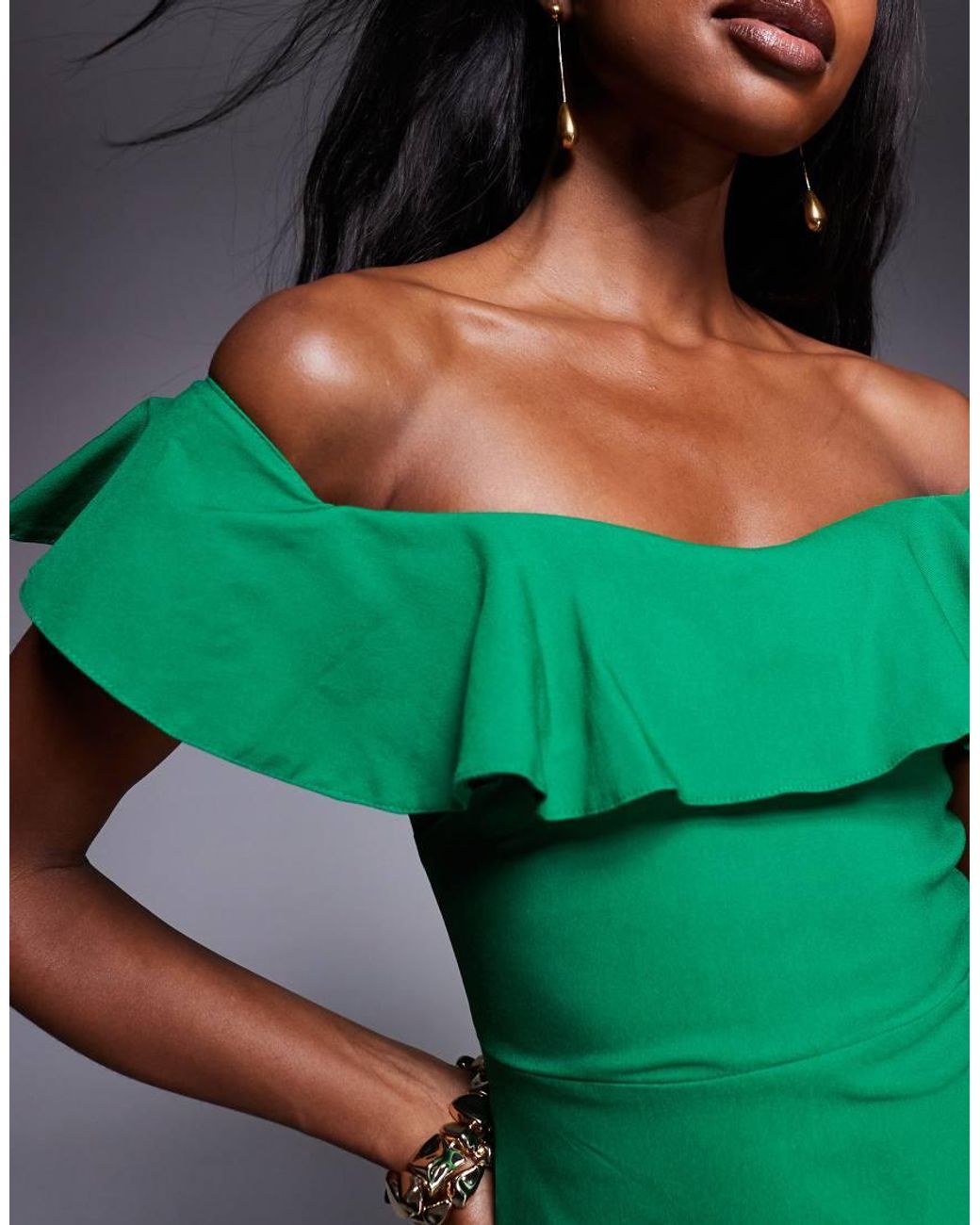 Vesper Green Bengaline Frill Bardot Side Split Midi Dress