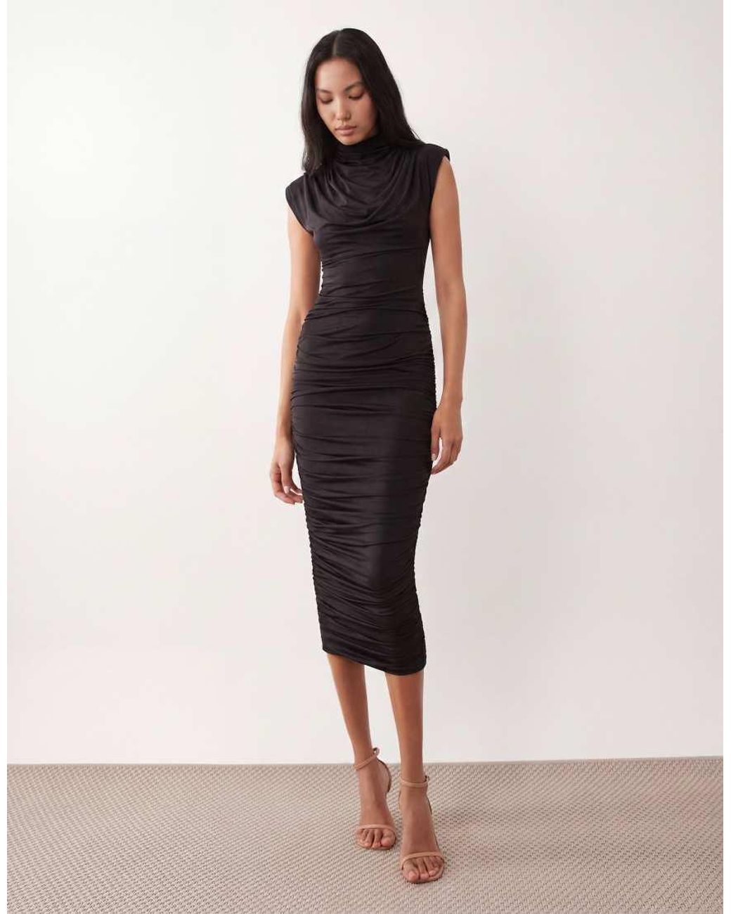 TFNC London Natural Slinky High Neck Shoulder Pad Drape Detail Midi Dress