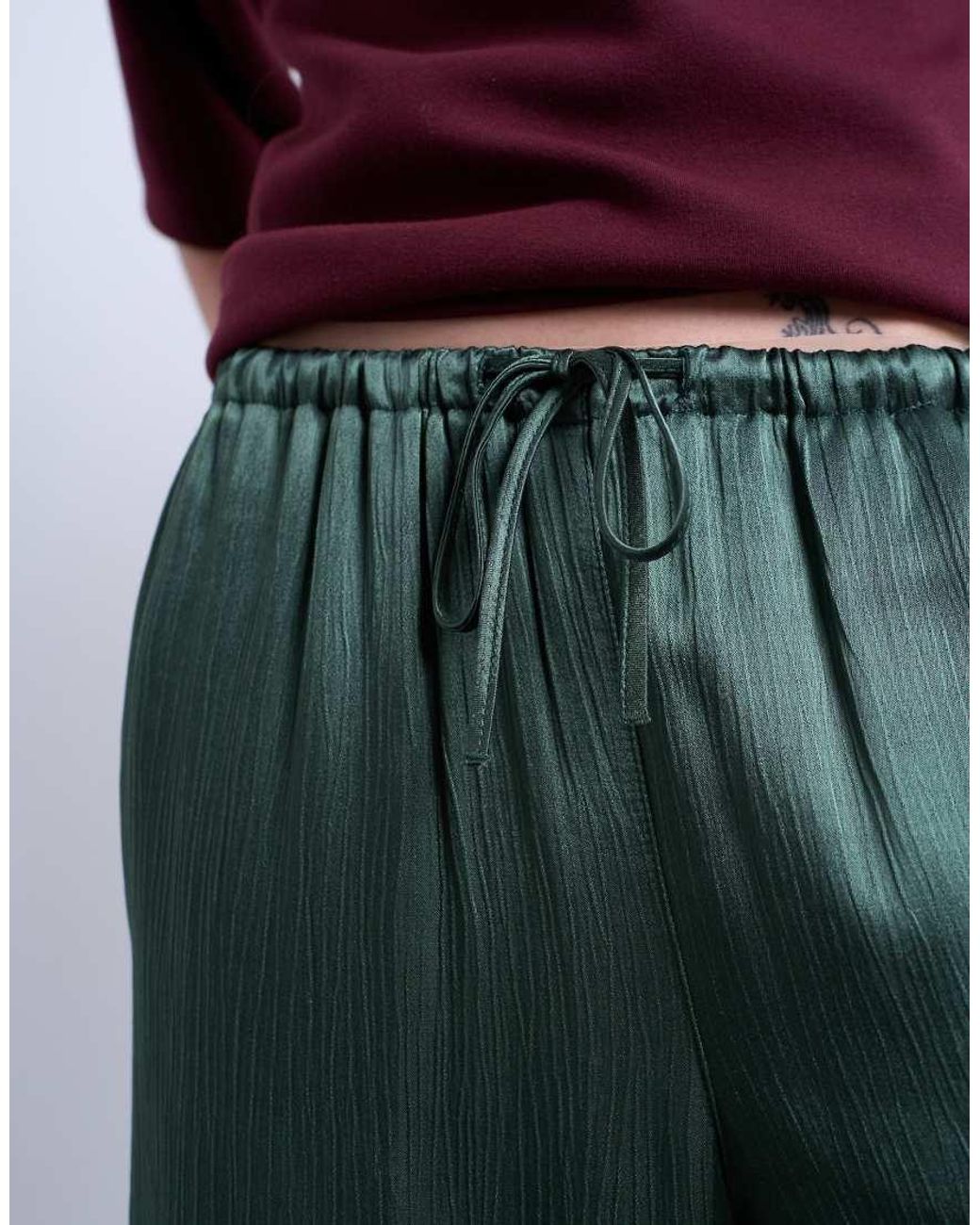 TOPSHOP Red Crinkle Satin Wide Leg Trouser