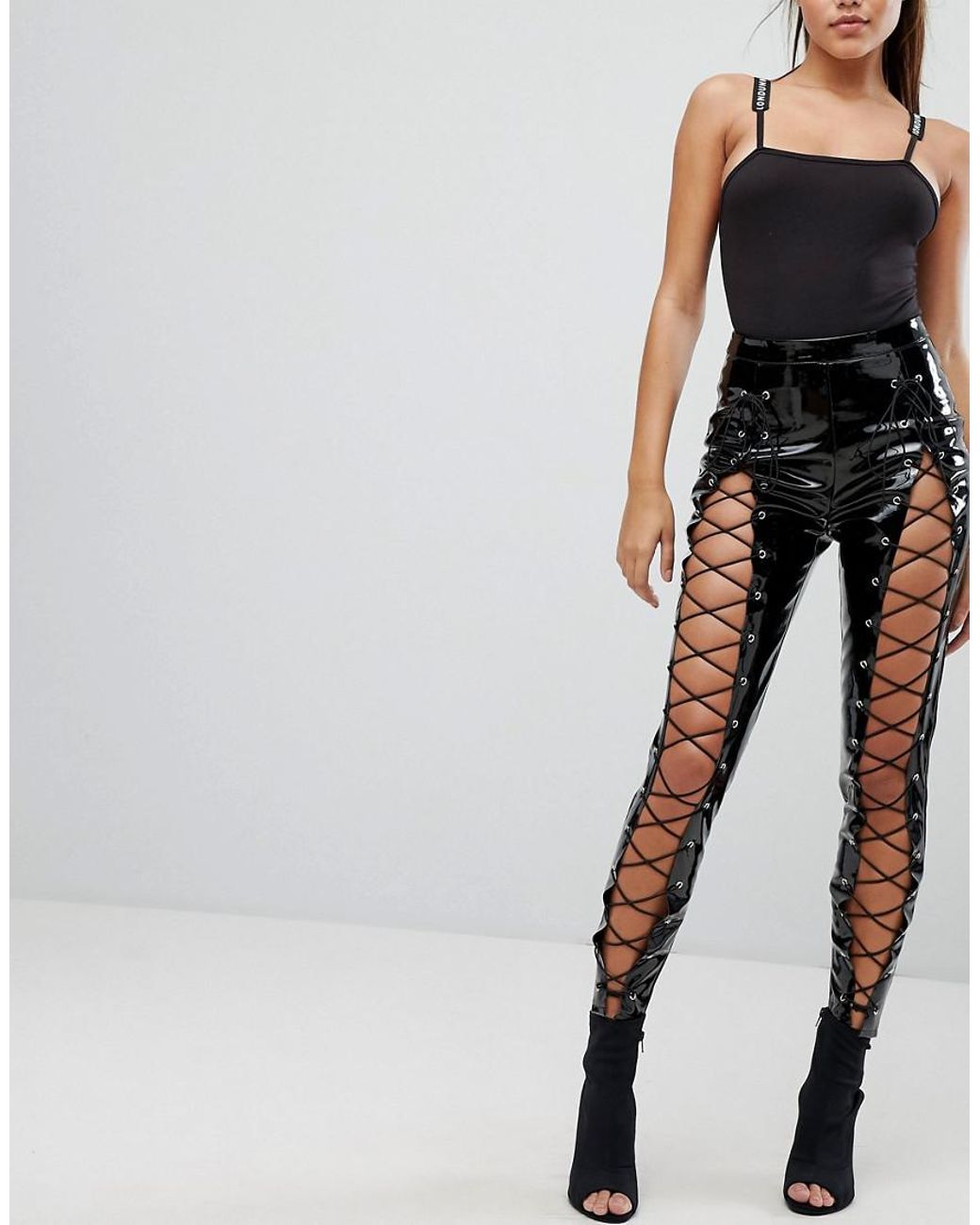 Missguided Londunn Vinyl Lace Up Pant in Black | Lyst