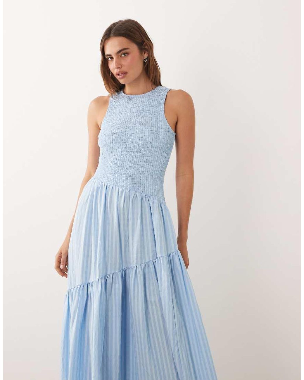 Ghospell Blue Sleeveless Shirred Bodice Asymmetric Detail Tiered Skirt Midi Dress