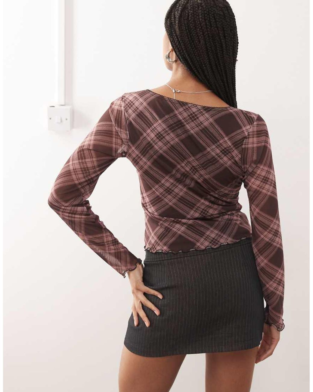 Reclaimed Vintage Brown Square Neck Split Front Long Sleeve Mesh Top