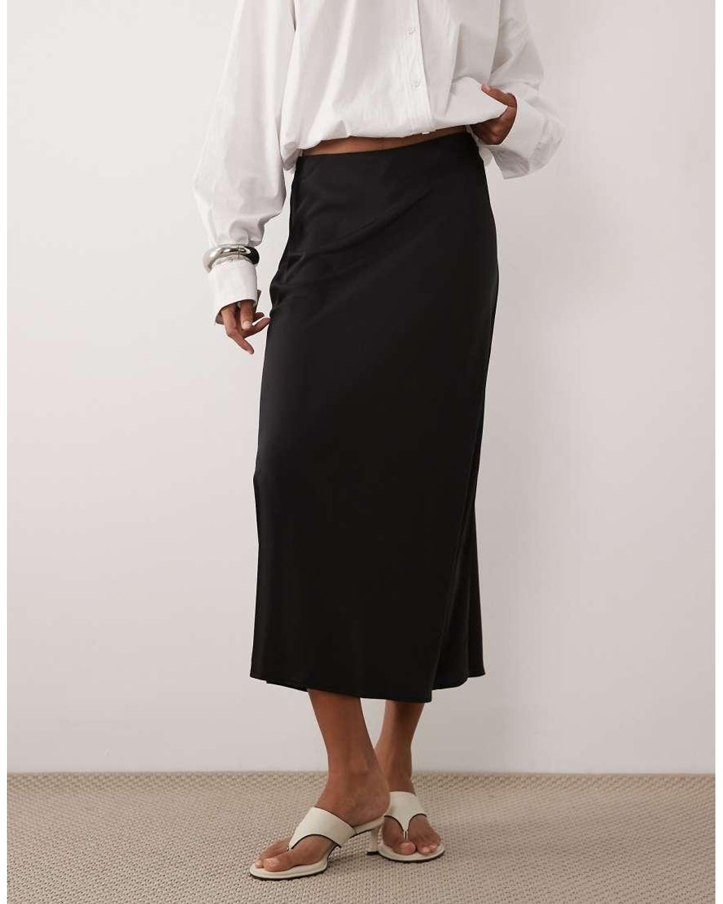 Y.A.S Black Satin Midi Skirt