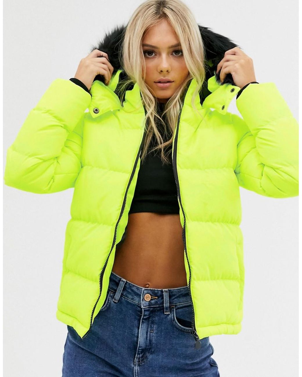 Brave Soul Azelia Neon Puffer Jacket With Hood in Yellow | Lyst