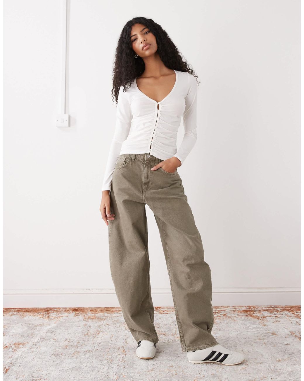 Monki White Ruched Button Open Jersey Top
