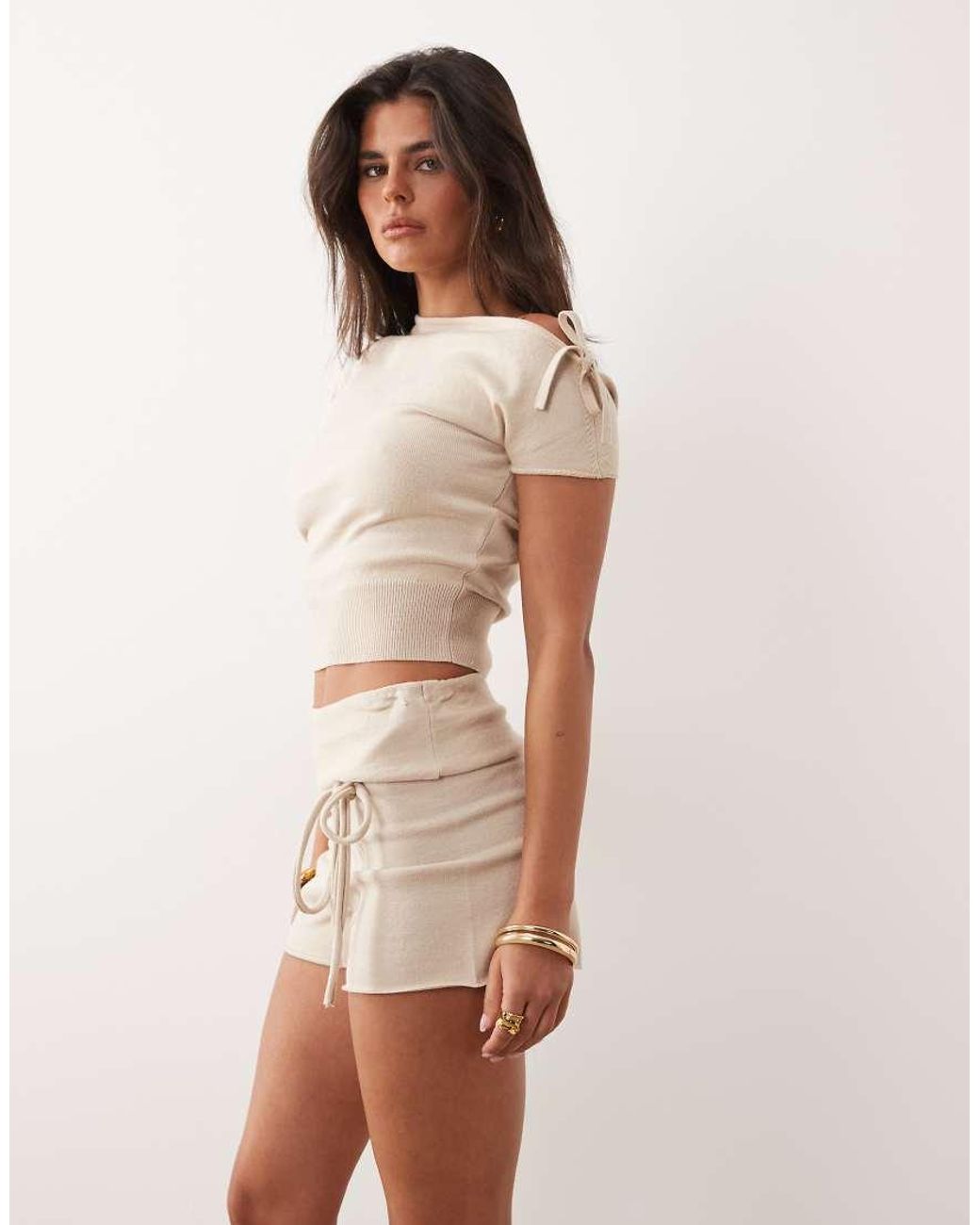 The Frolic Natural Exclusive Compact Knit Fold Over Tie Detail Shorts Co-ord