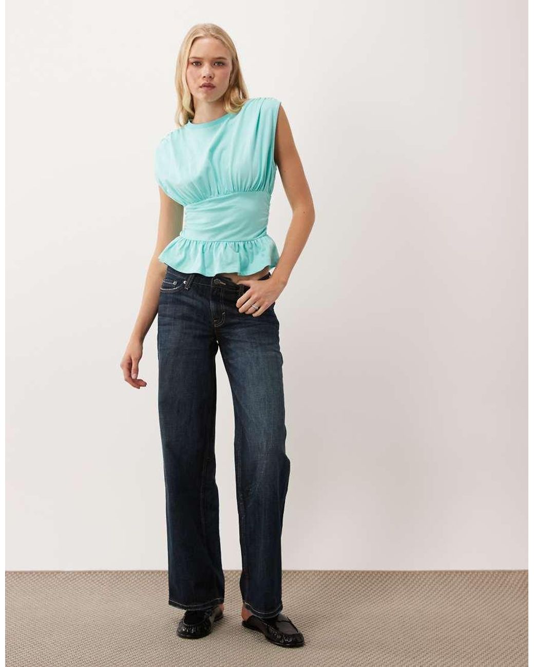 Miss Selfridge Blue Gathered Shoulder Peplum Hem Top With Waistband