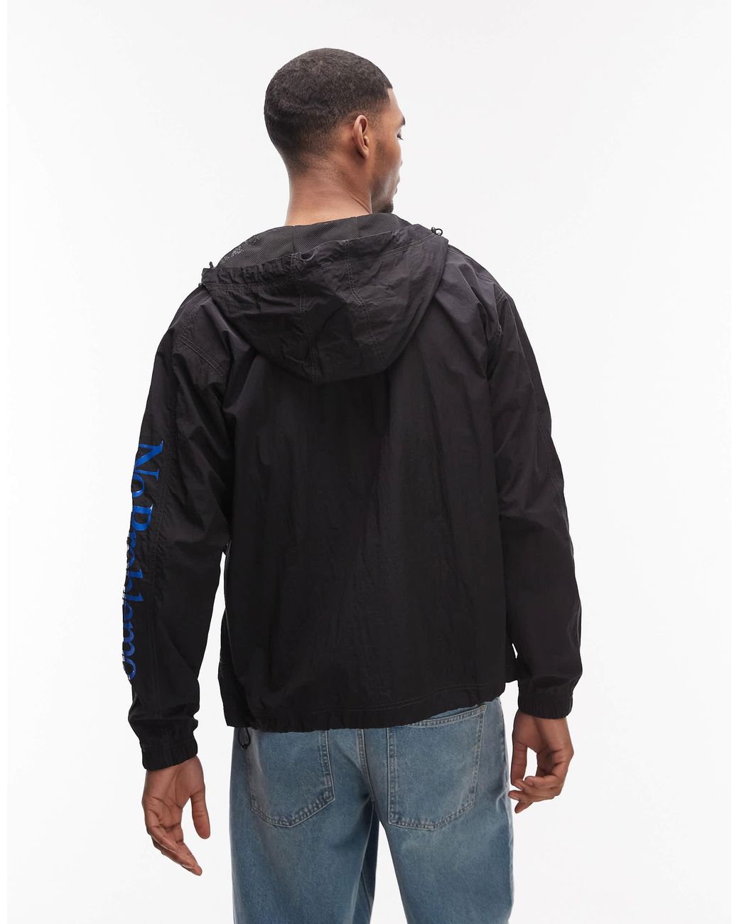 No Problemo Blue Hooded Nylon Windbreaker Jacket With Logo Arm Detail for men