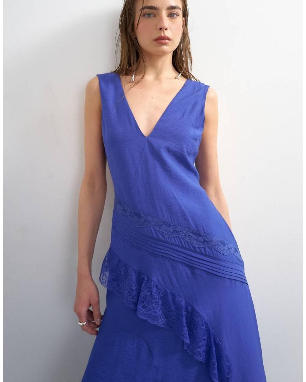 TOPSHOP Blue Deep V Lace Insert Maxi Dress