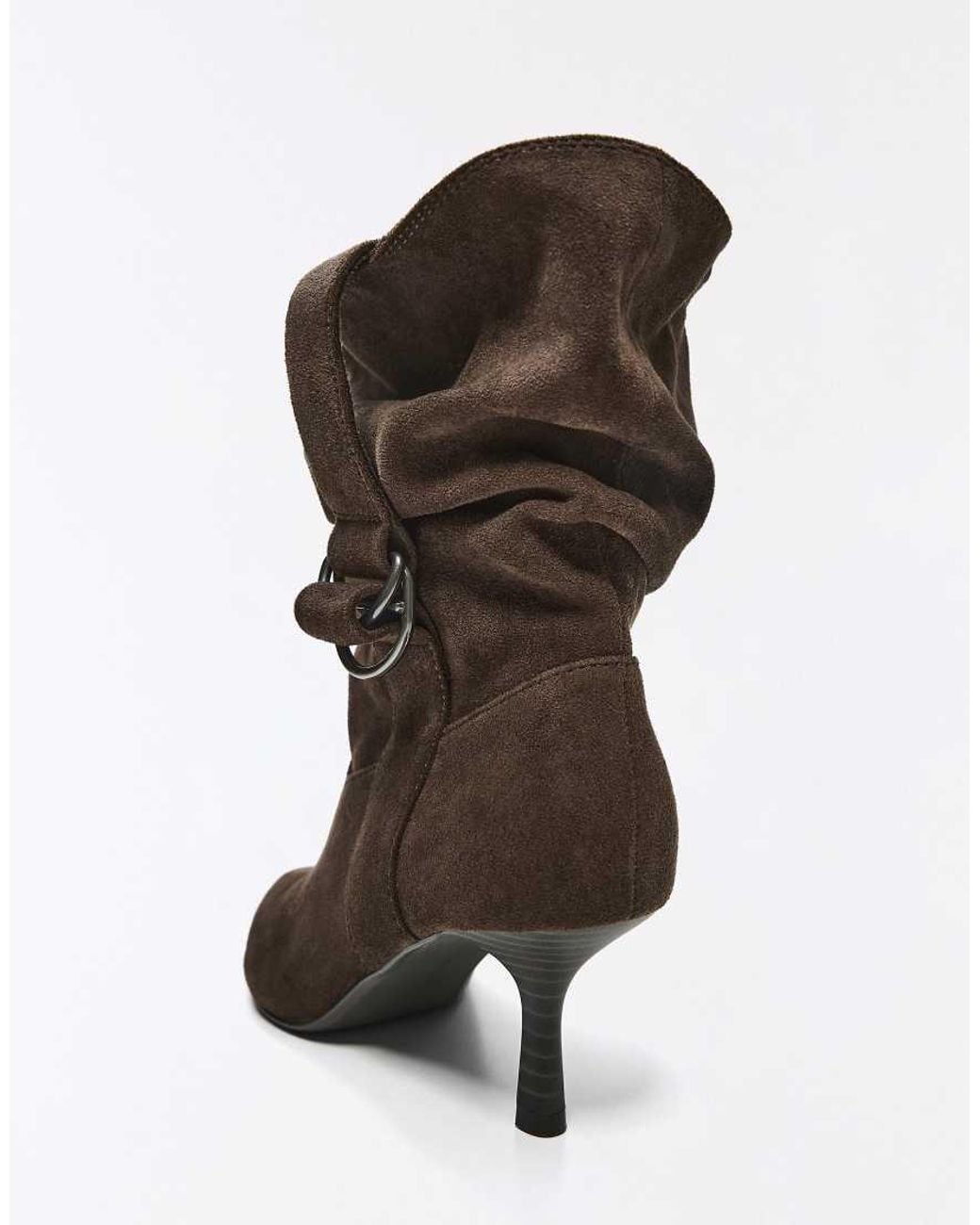 Bershka Brown Slouchy Buckle Heel Ankle Boots