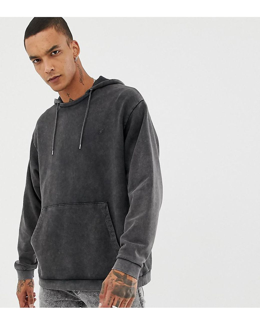 Heart & Dagger Oversized Hoodie With Acid Wash In Washed Black for Men ...