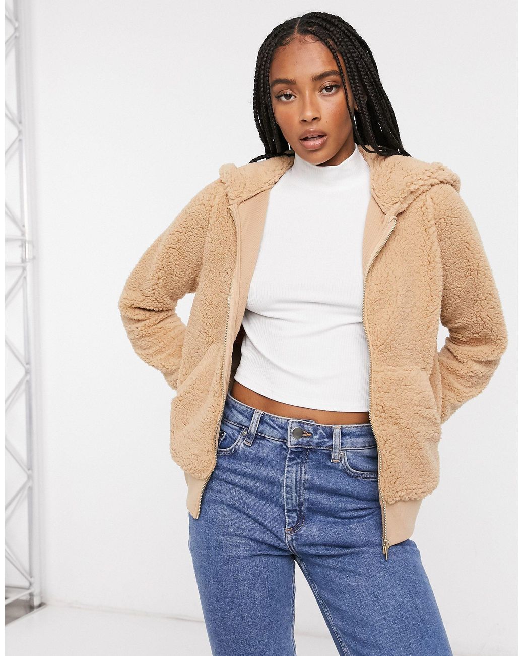 only teddy sleeve denim jacket