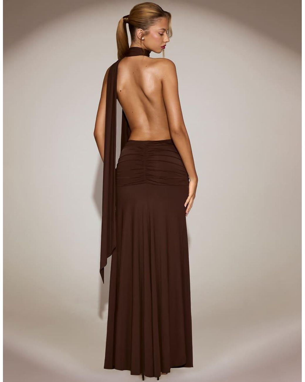 Oh Polly Brown Scarf Neck Cowl Front Open Back Maxi Dress