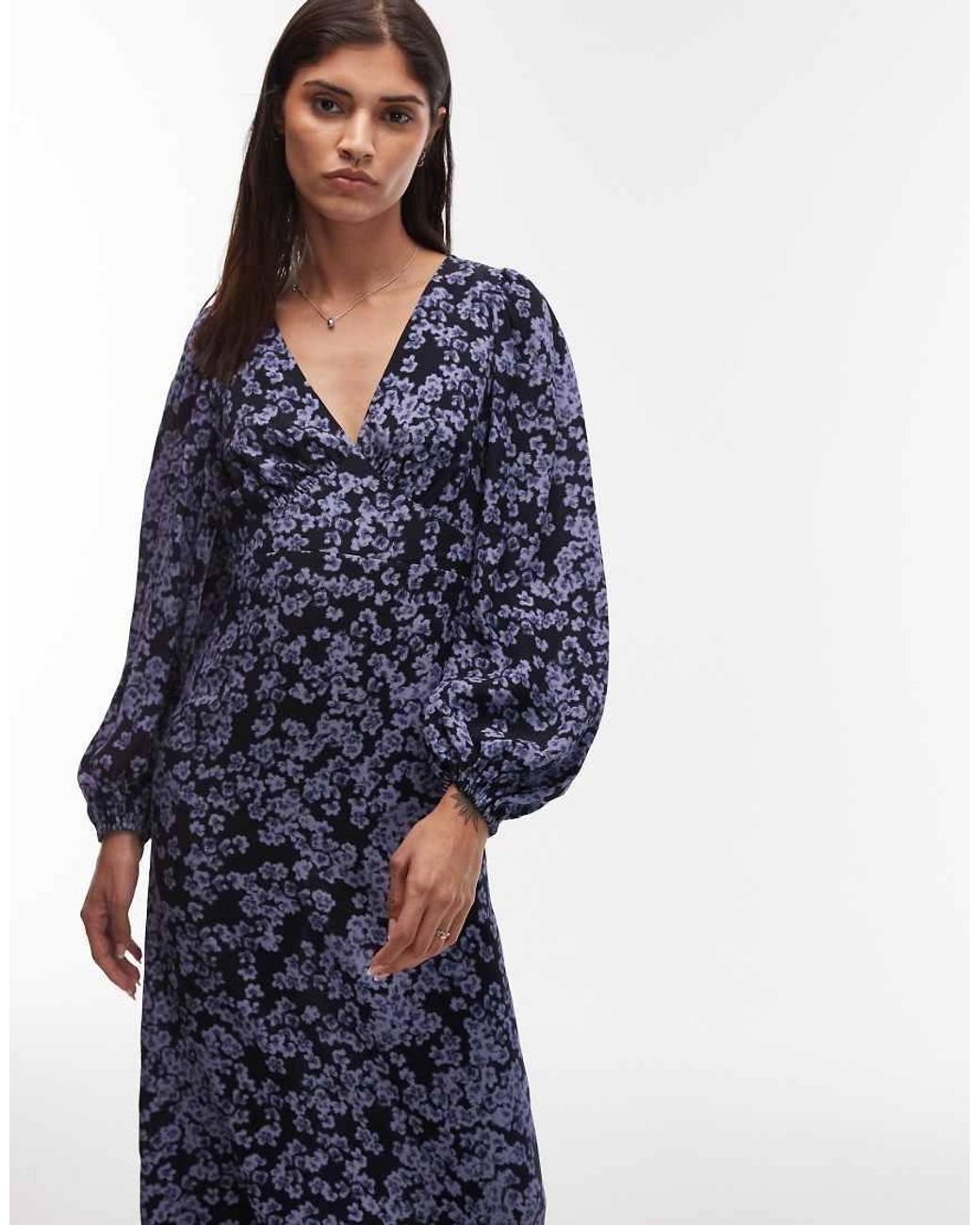 & Other Stories Blue Midi Dress With Side Splits And Volume Sleeves
