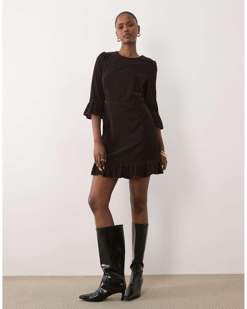 Nobody's Child Black Fleur Quarter Length Sleeves Frill Hem Cord Mini Dress
