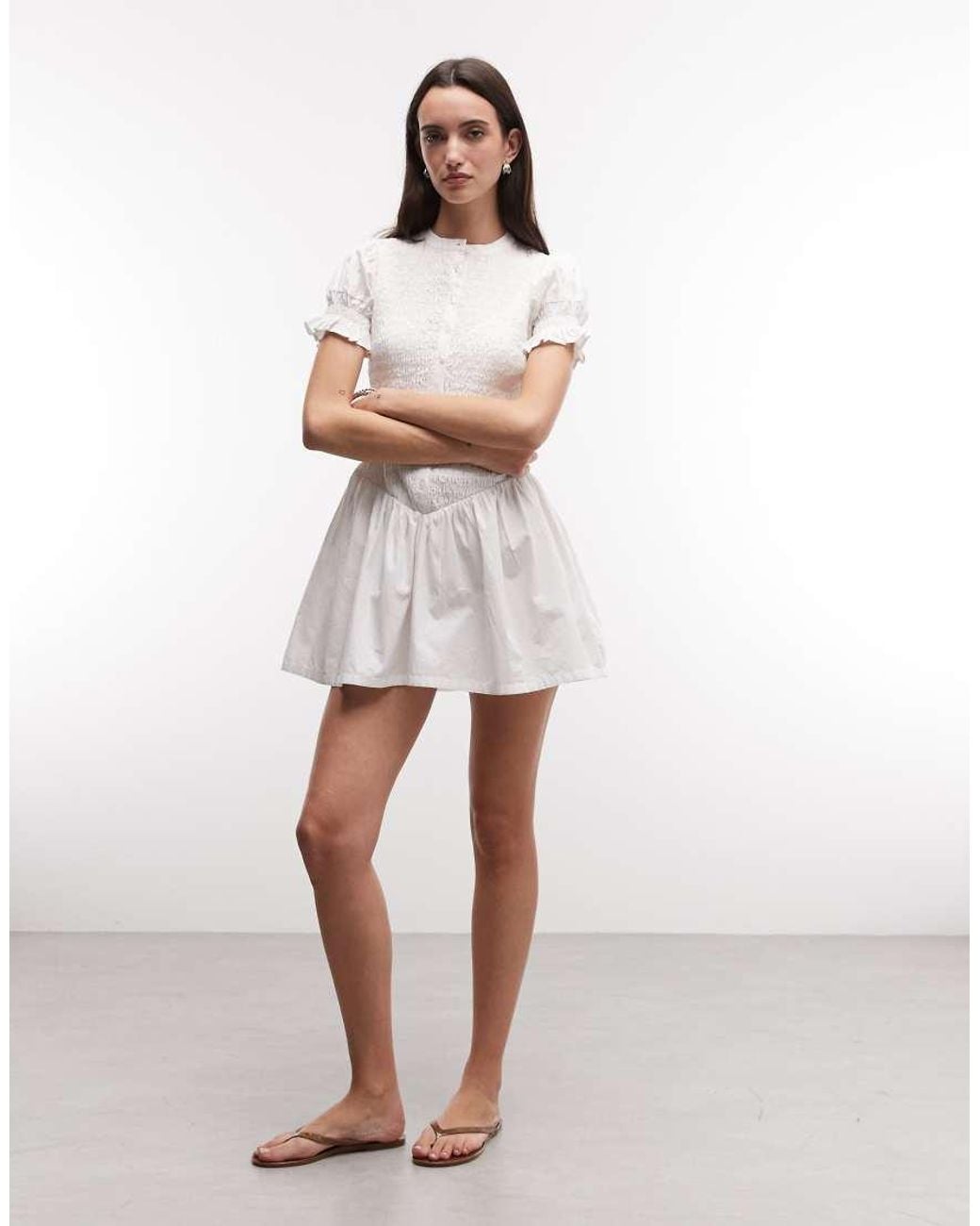 Collusion White Shirred Button Mini Shirt Dress