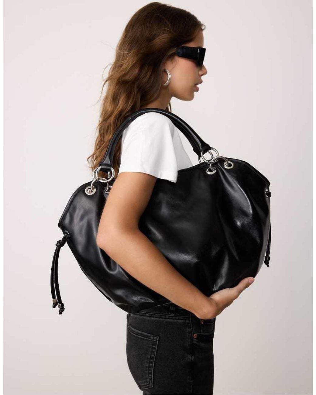 Stradivarius Black Round Shopper Bag With Metal Details