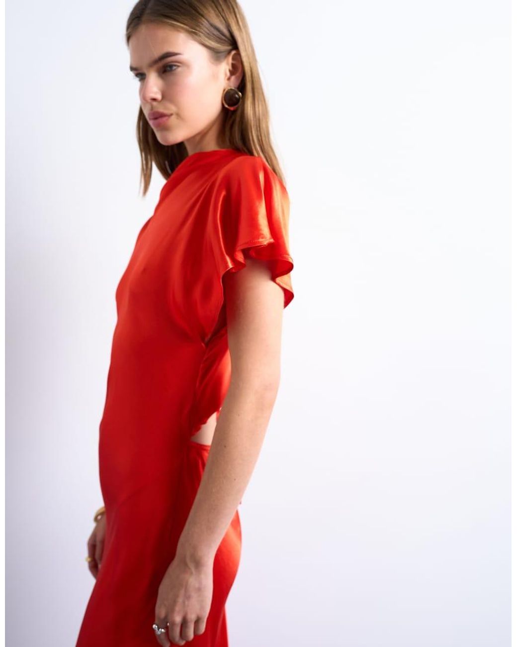 TOPSHOP Red Twist Shoulder Backless Midi Satin Dress