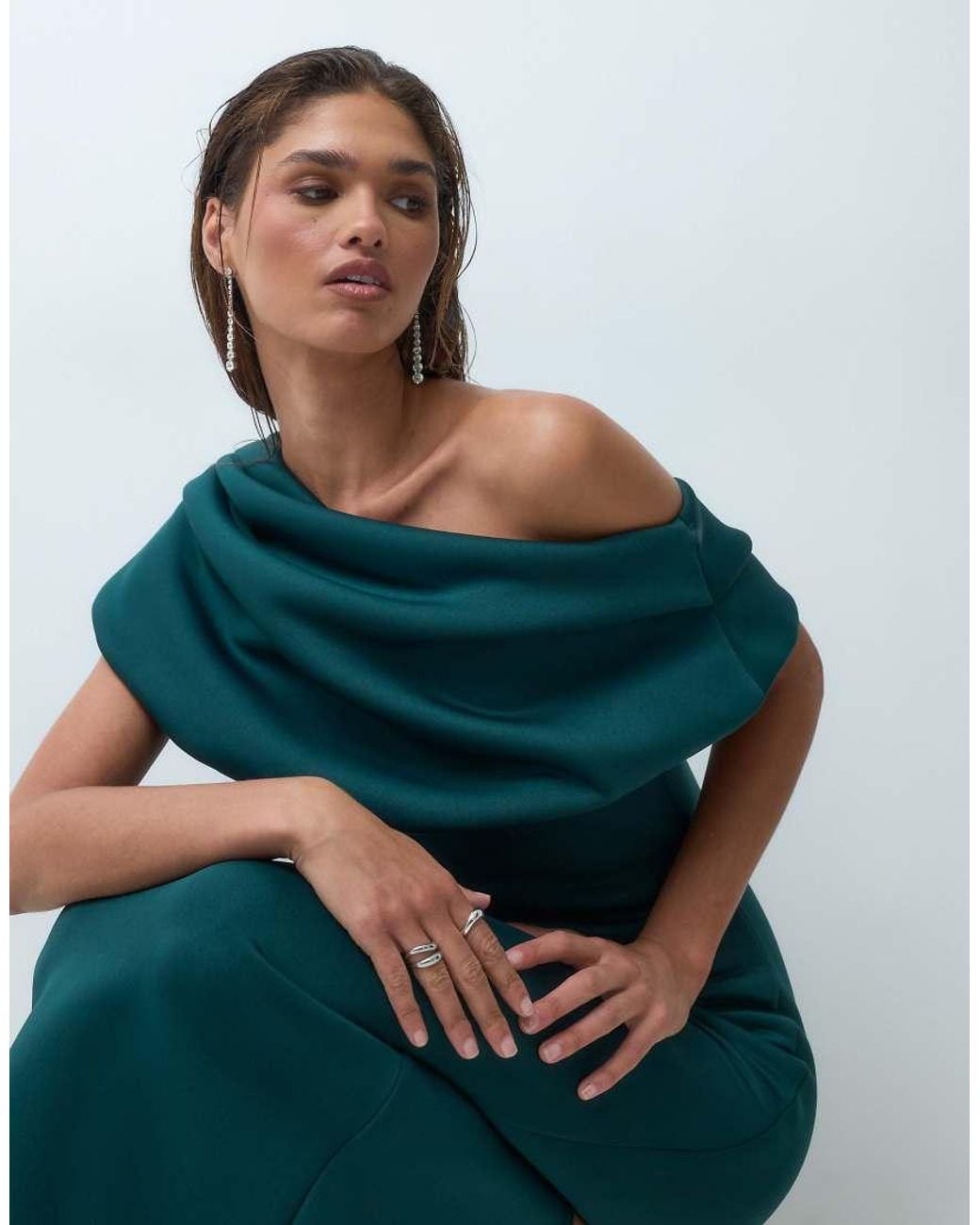 ASOS Blue Draped Off Shoulder Pencil Maxi Dress