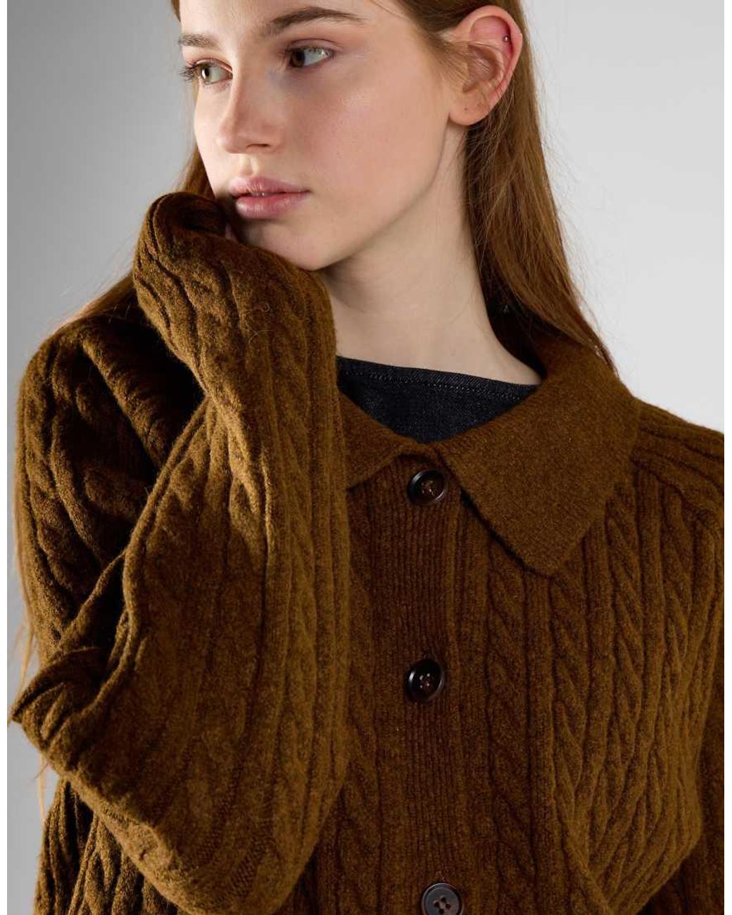 Glamorous Brown Cable Knit Collar Cardigan