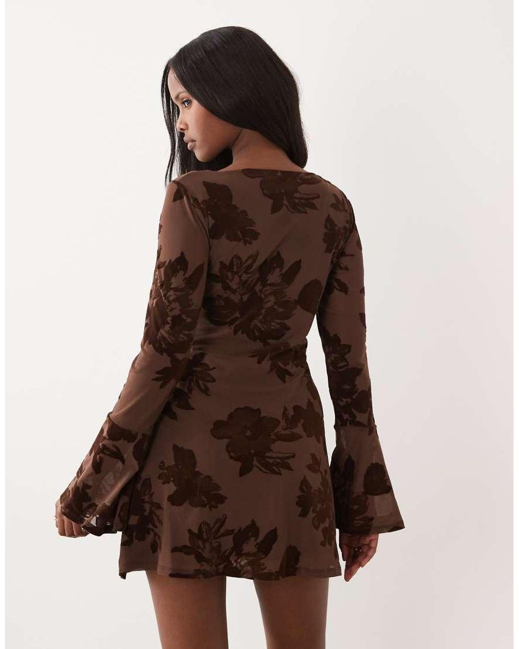 ASOS Orange Flocked Floral Mini Dress With Flute Sleeve