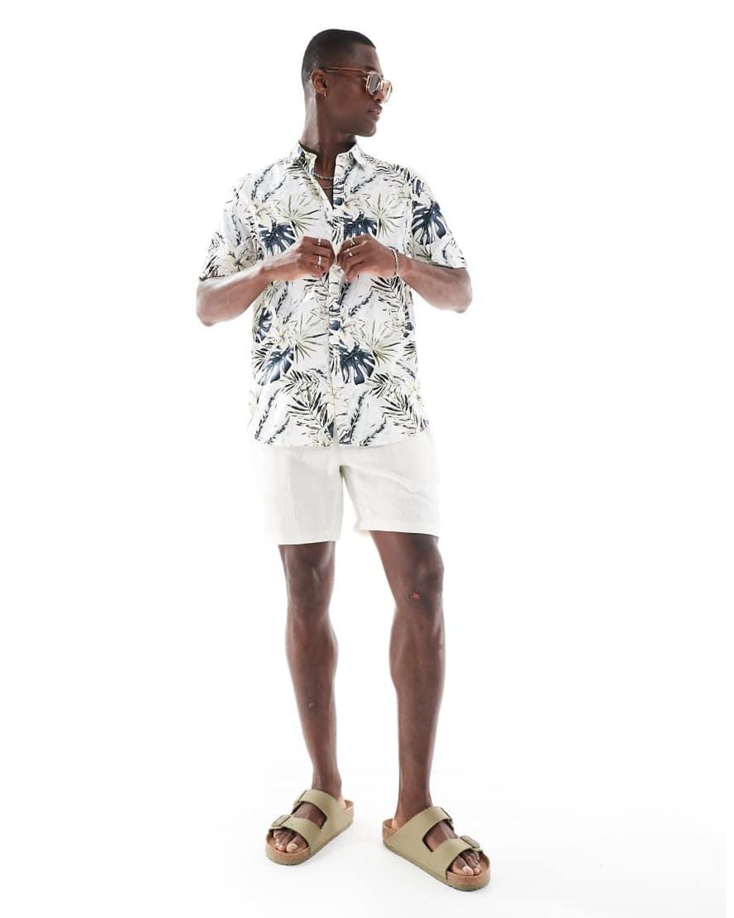 Camicia A Maniche Corte Color Crema Con Stampa Hawaiana di Jack & Jones in White da Uomo