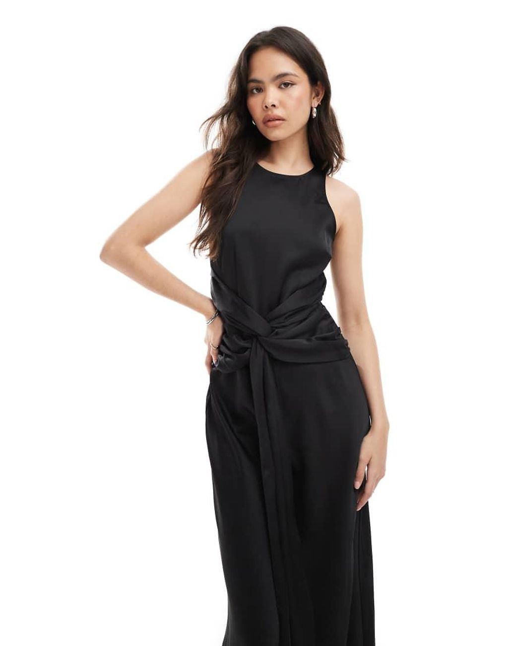 Six Stories Black Bridesmaid Knot Front Drape Satin Maxi Dress