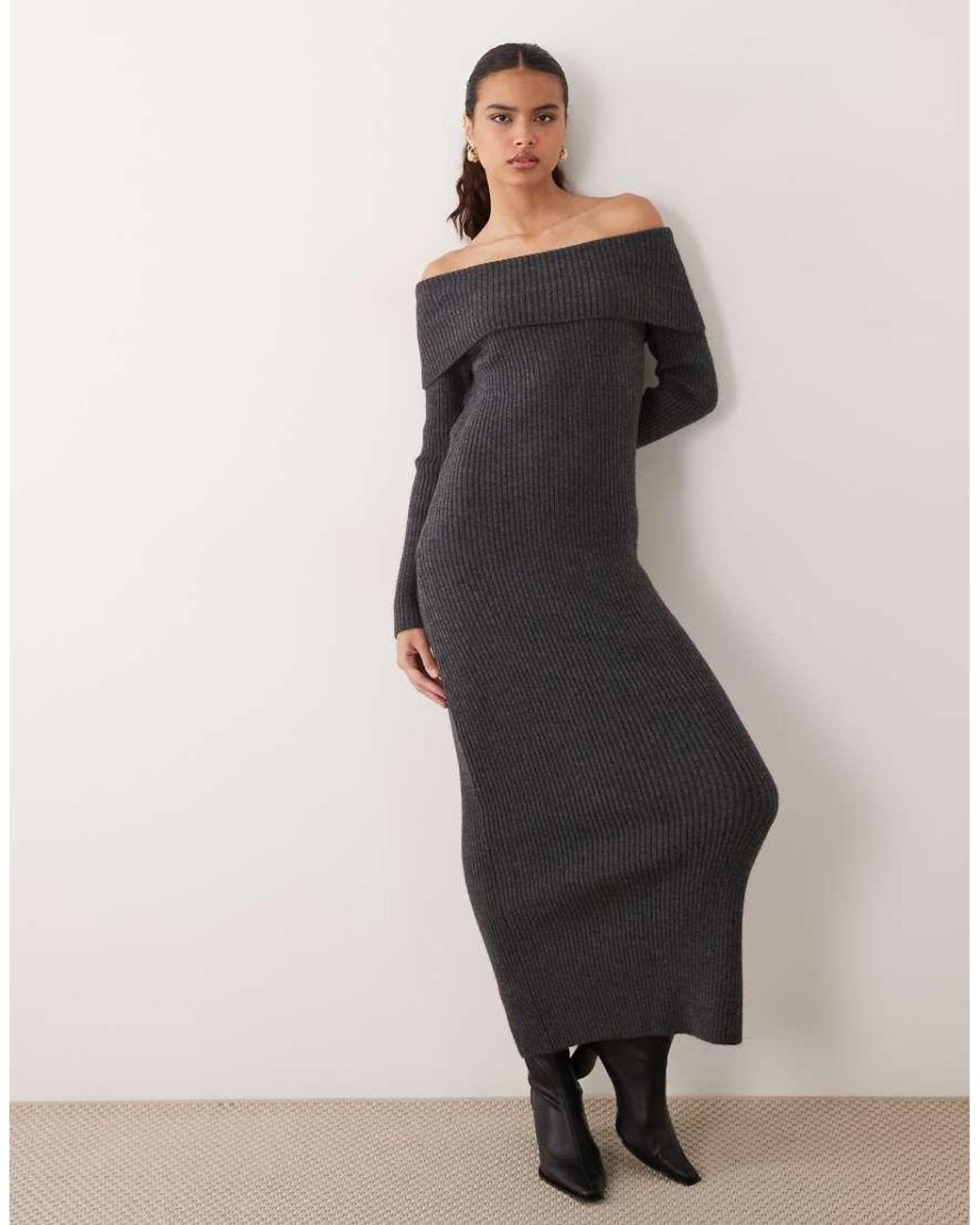 ASOS Gray Open Back Bardot Knitted Midaxi Dress