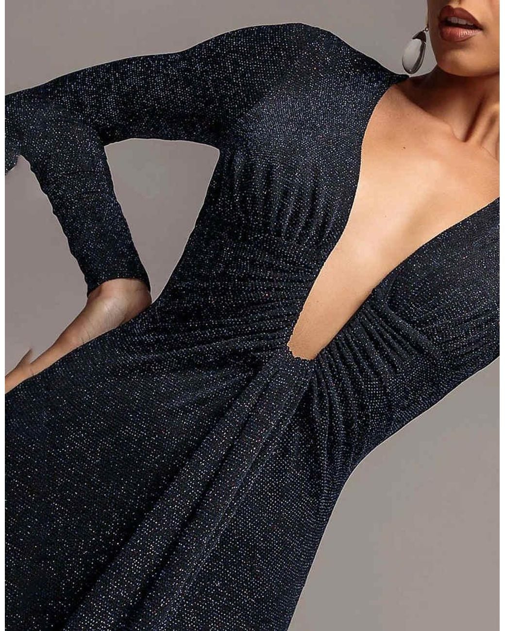 Goddiva Gray Plunge Neck Long Sleeve Front Draped Sparkling Maxi Dress