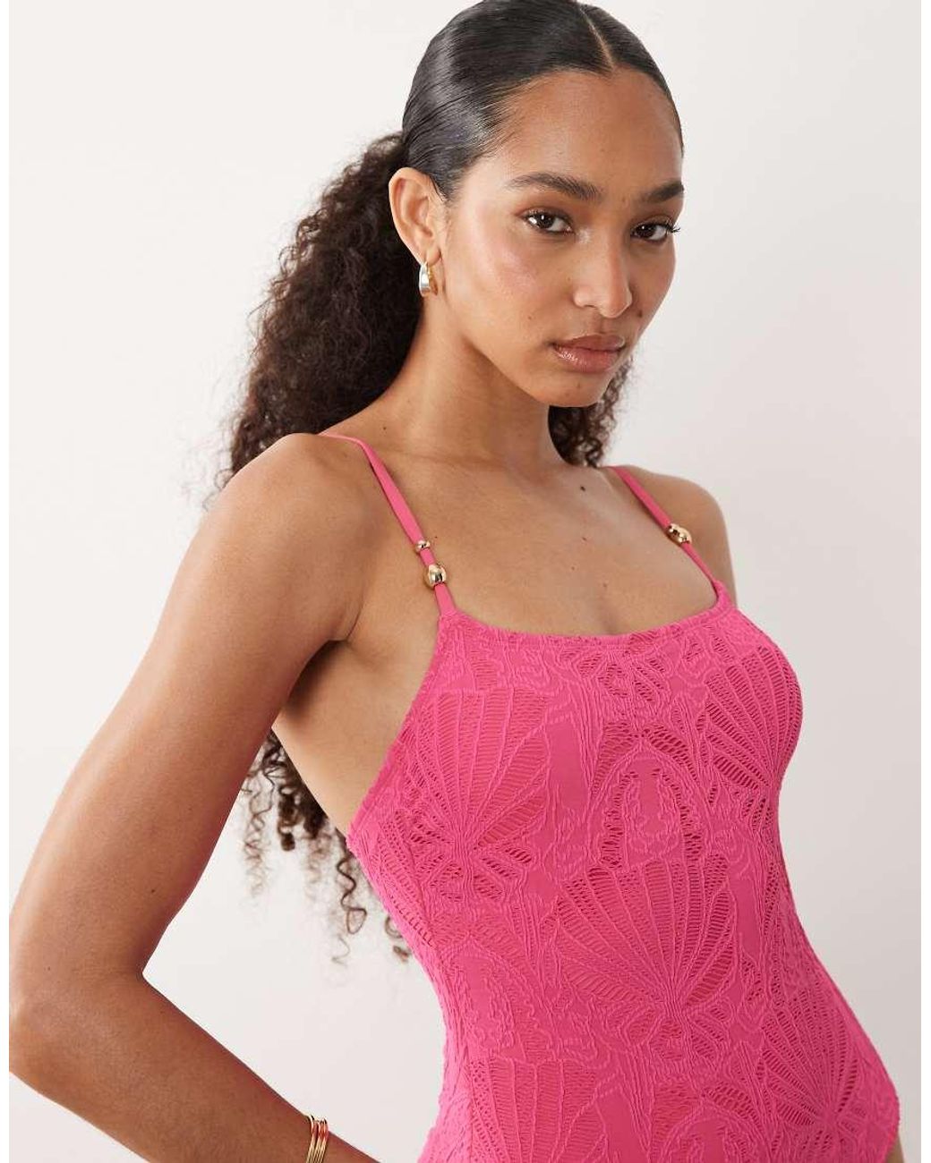 New Look Pink Crochet Ruched Side Swimsuit