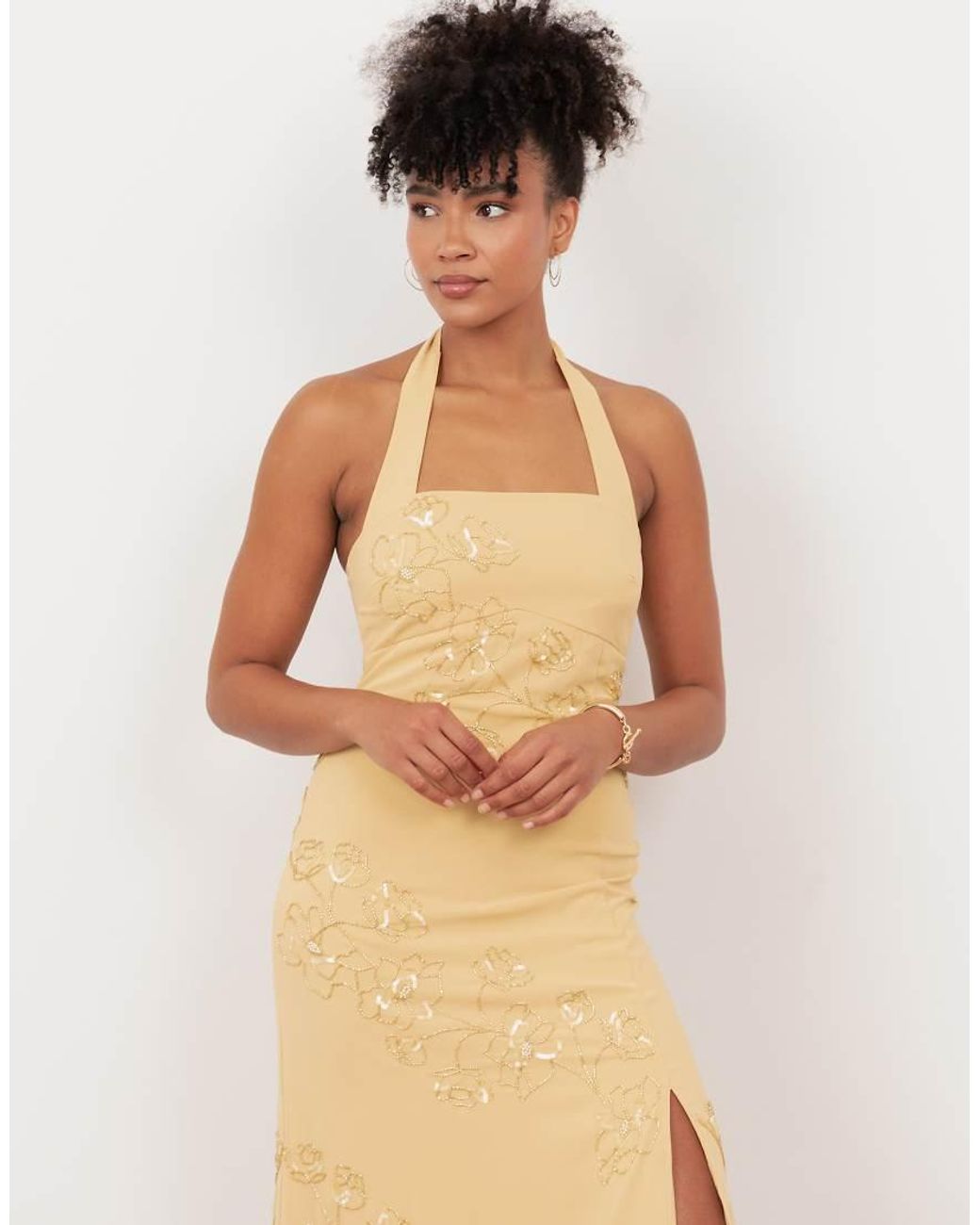 Maya Natural Floral Motif Halter Neck Midaxi Dress
