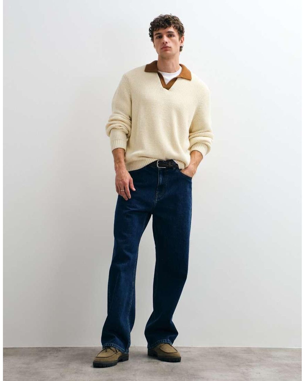 ASOS Natural Relaxed Knitted Polo With Contrast Collar for men