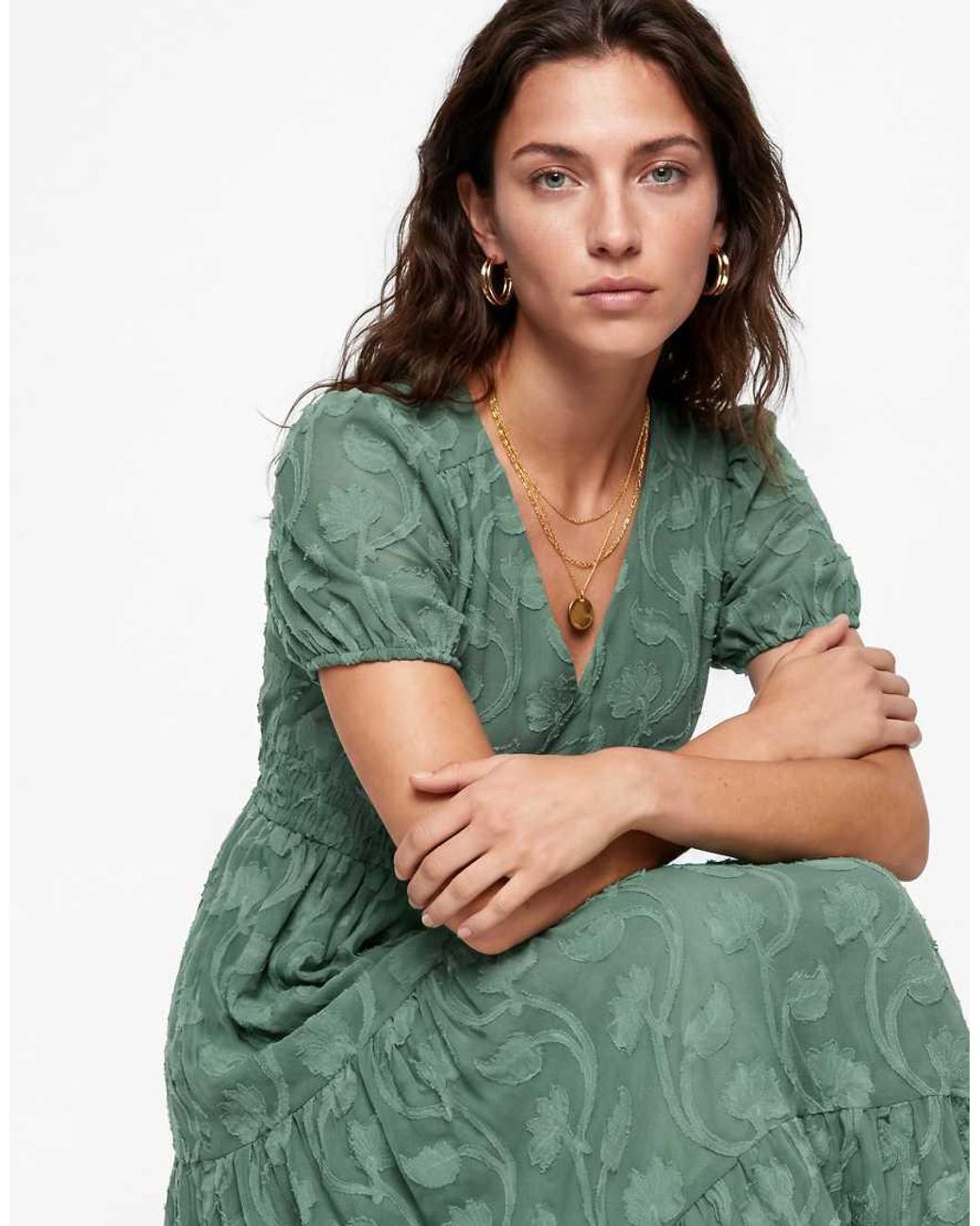 Lovedrobe Green Short Sleeve Floral Burnout Midi Dress