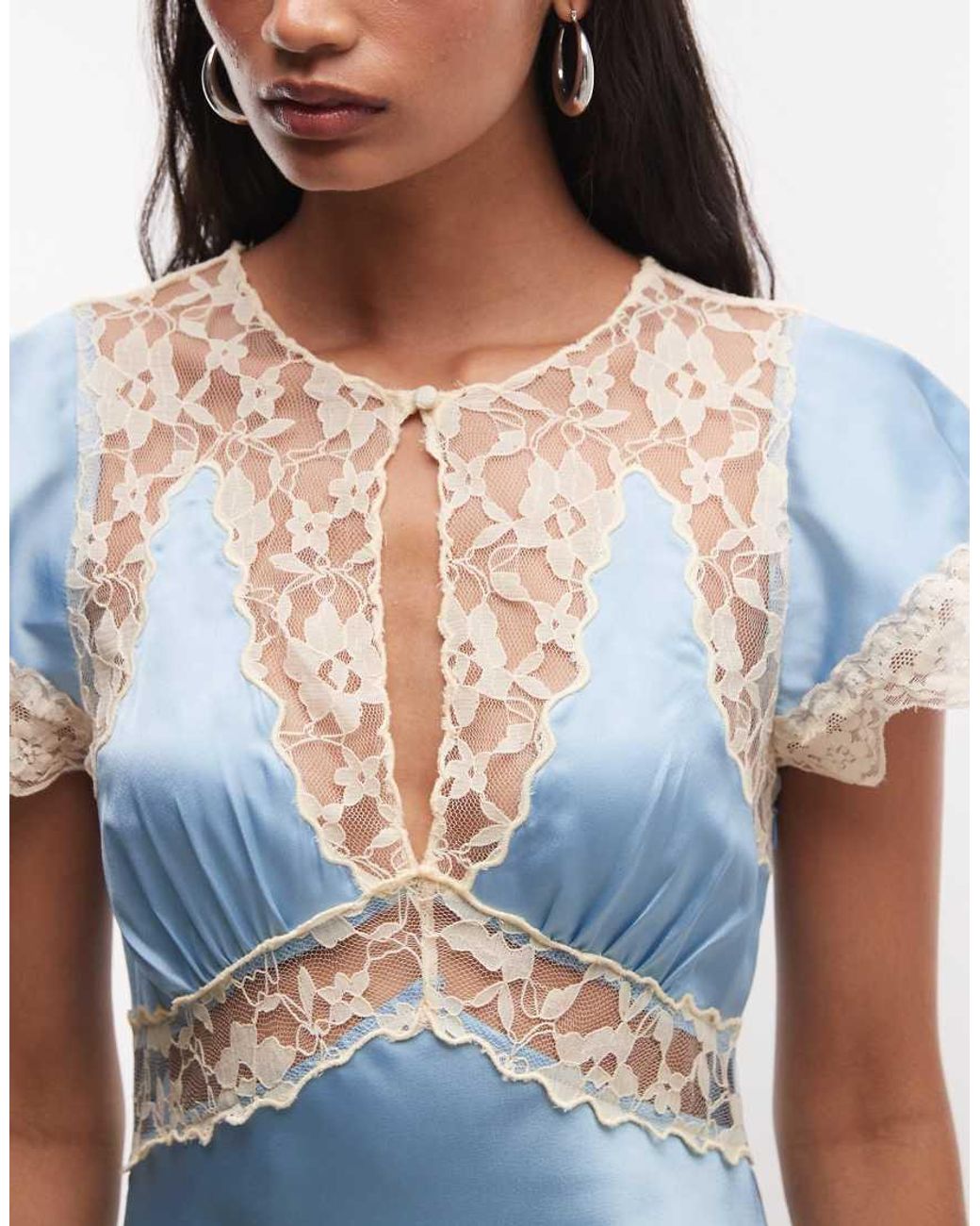 Reclaimed Vintage Blue Satin Mini Tea Dress With Contrast Lace Inserts