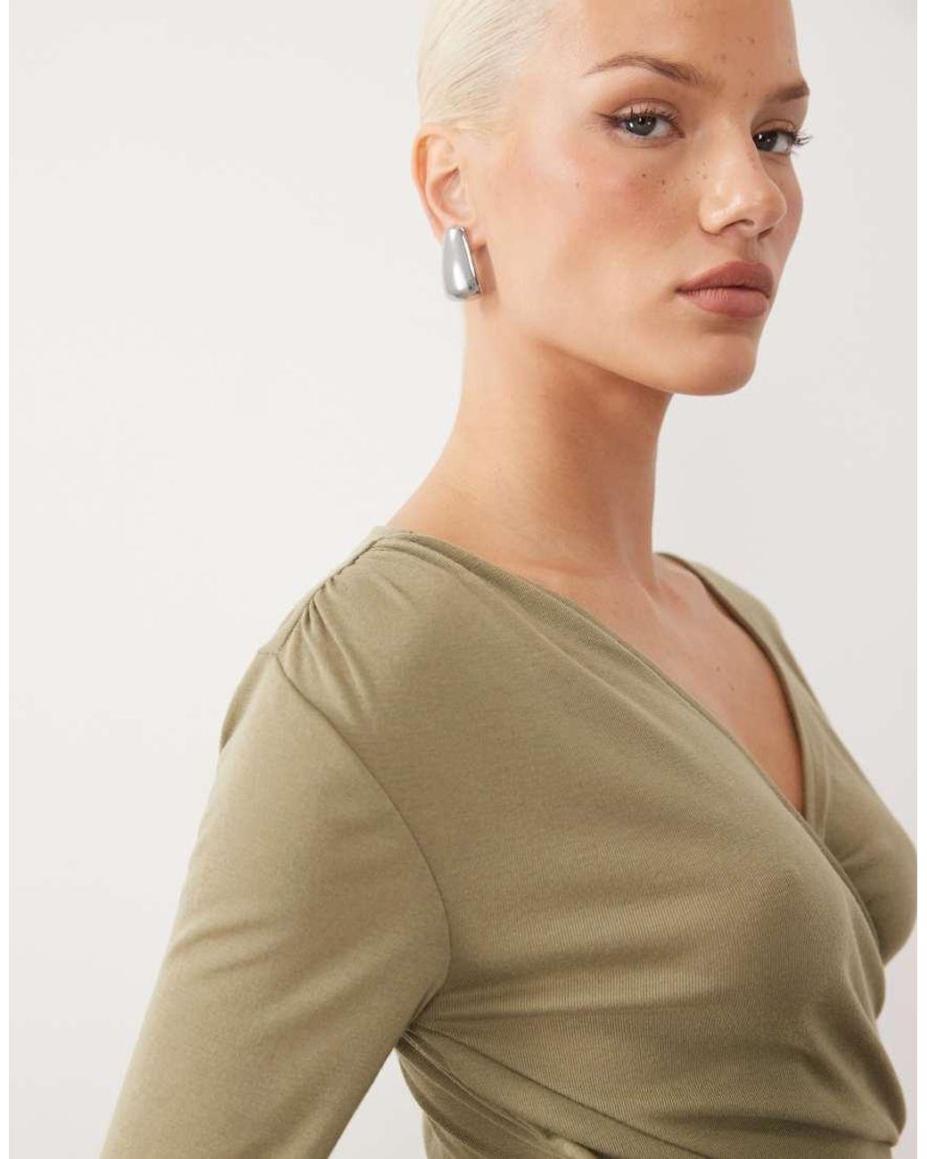 ASOS Green Soft Lightweight Jersey Draped Wrap Long Sleeve Top