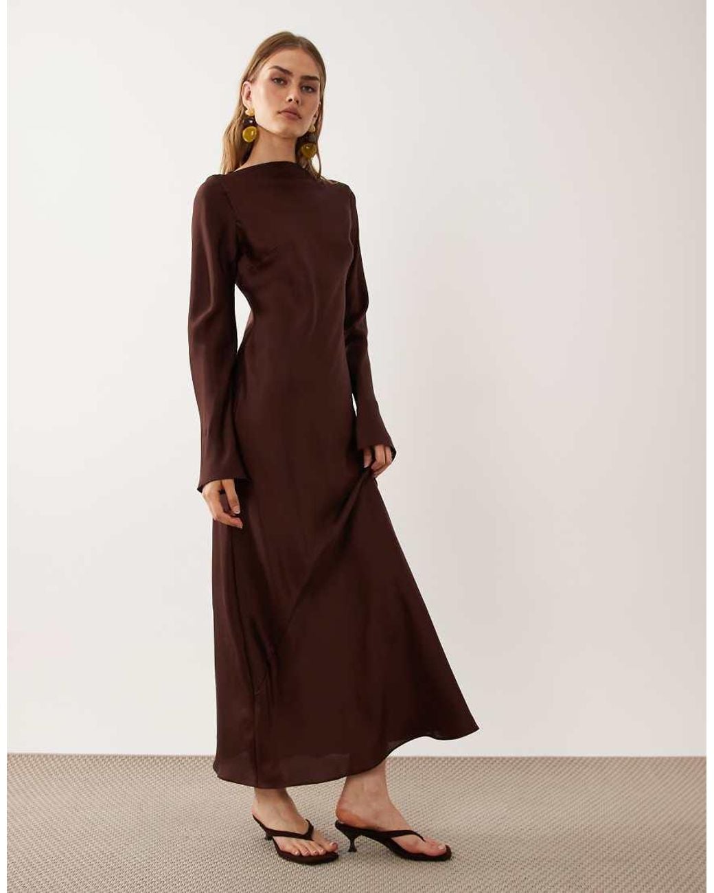 ASOS Brown Satin Long Sleeve Maxi Dress