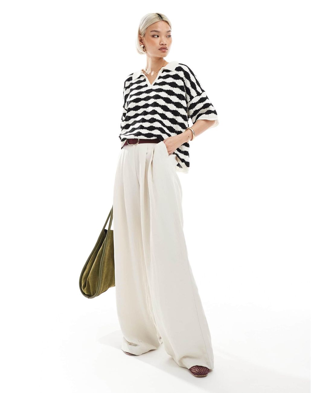 ASOS White – locker geschnittenes poloshirt aus strick mit schwarz-weißen streifen