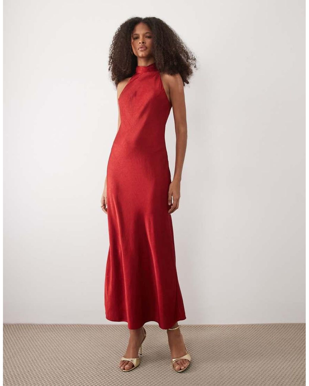 Mango Red Halterneck Satin Maxi Dress With Tie Back
