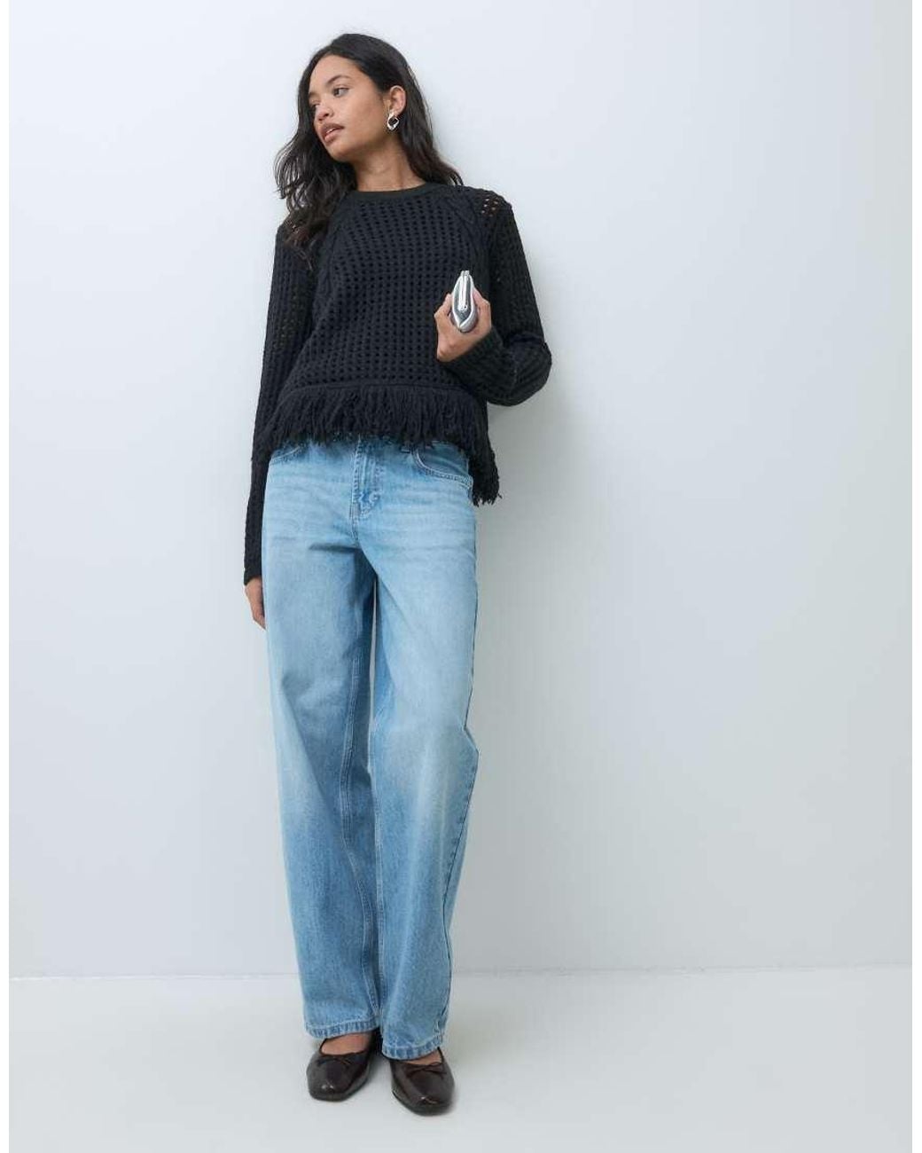 ASOS Blue Knitted Jumper With Cable Knit Detail And Fringe Hem