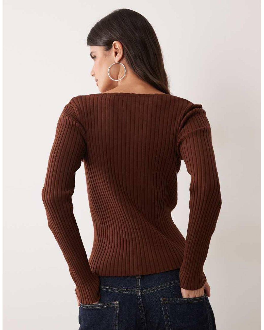 Miss Selfridge Brown Rib Knit Scoop Neck Button Through Top