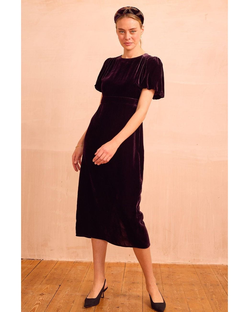 Aspiga Black Ladies Dulcie Velvet Puff Sleeve Dress Winter Wedding Occasion Event