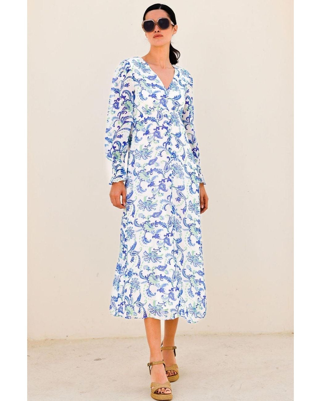 Aspiga Blue Ethical Long Sleeve Sally Anne Viscose Summer Wedding Guest Evening Dress Floral Printed