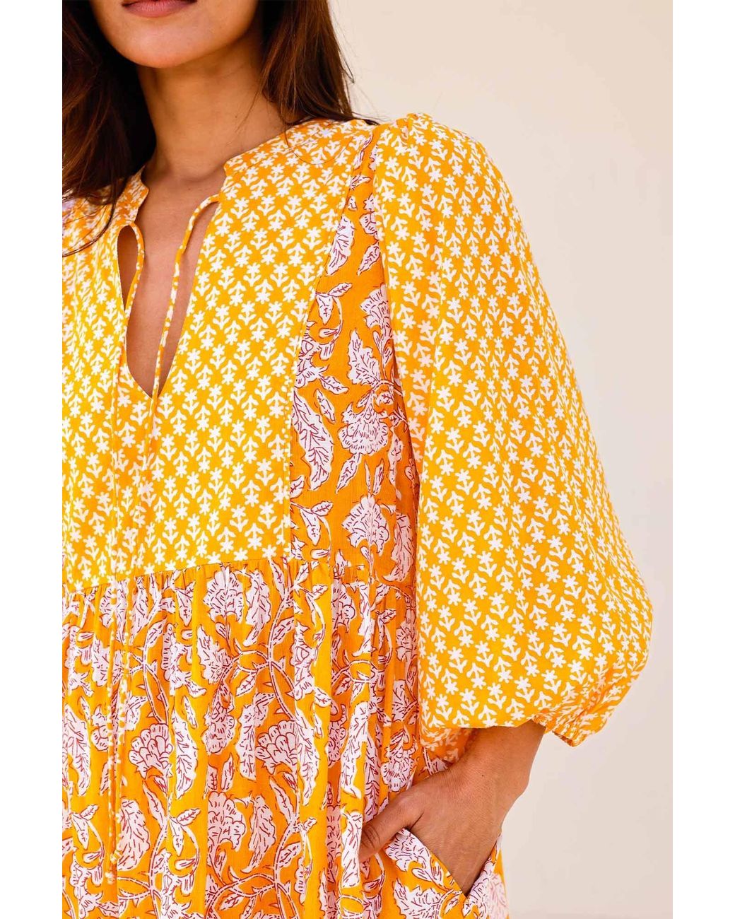 Aspiga Yellow Ladies Sustainable Martha Organic Cotton Mix Print Summer Dress Dianthus Print