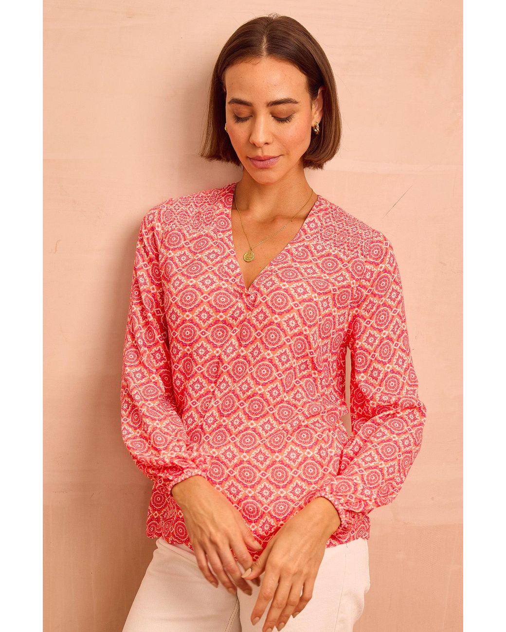 Aspiga Red Ladies Sustainable Clea Blouse Flower Tile Print