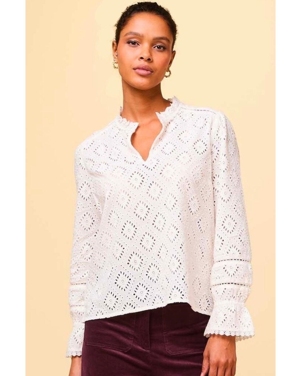 Aspiga White Ladies Sustainable Flo Long Sleeve Blouse Cotton Cut Out Detail