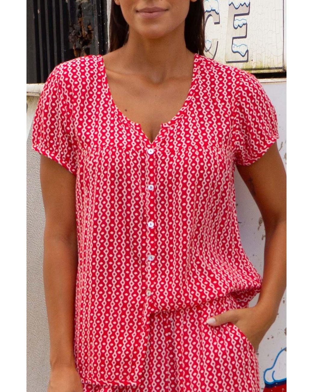 Aspiga Pink Ladies Sustainable Lisbon Viscose Blouse Short Sleeve Summer Santorini Border