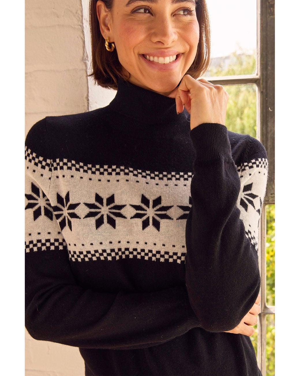 Aspiga Black Merino Wool Snowflake Fairisle Polo Neck Jumper