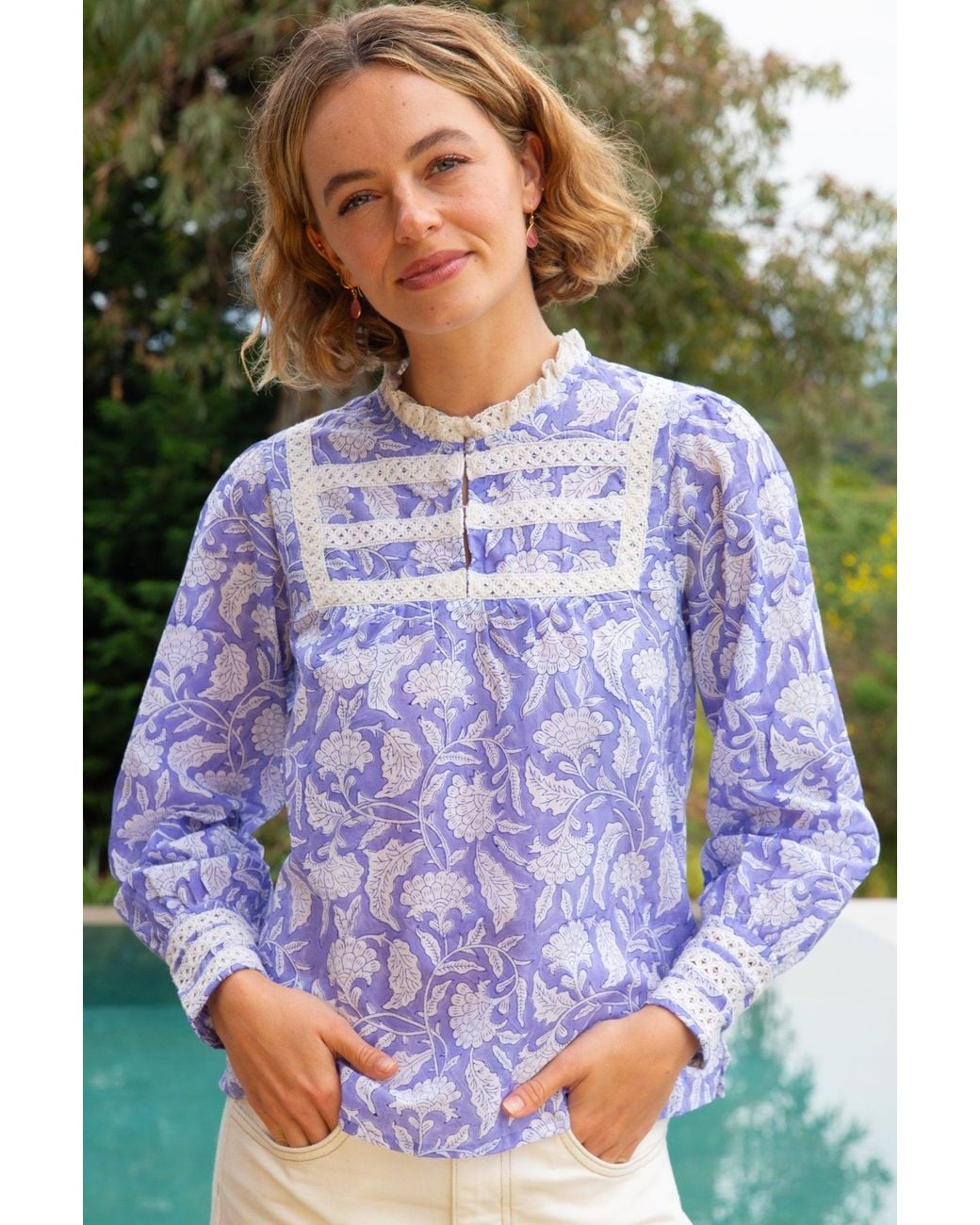 Aspiga Purple Ladies Sustainable Margot Blouse Organic Cotton Floral Block Print Lace Detailing Cream