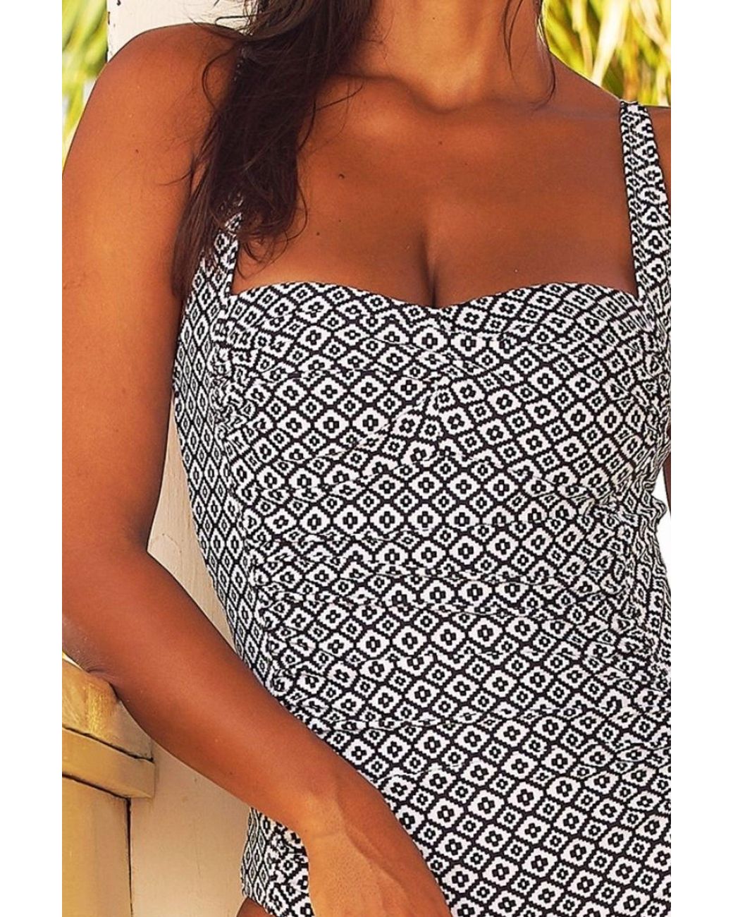 Aspiga Black Ladies Sustainable Recycled Nylon Ruched Swimsuit Adjustable Straps Aztec Pattern